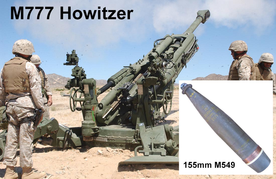 Amerikansk M777 howitzer med 155 mm M549 projektil