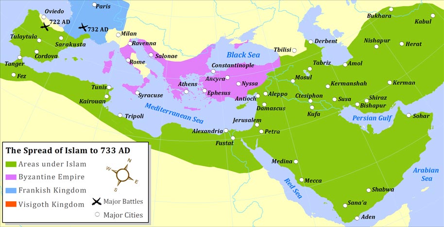 Kartan visar islams utbredning 733 e.kr
