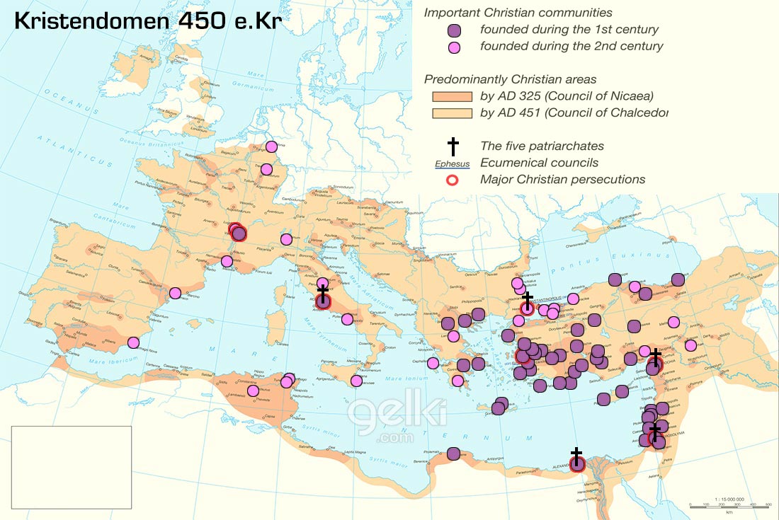 Kartan visar kristendomen 450 efter kristus